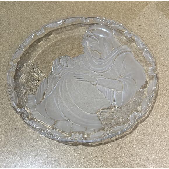 Vintage Mary & Baby Jesus Glass Platter 15” Religious Christian Decor w/ Sm Chip - Picture 1 of 6